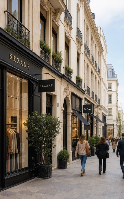 Retail street scene in Paris showing luxury brand storefronts