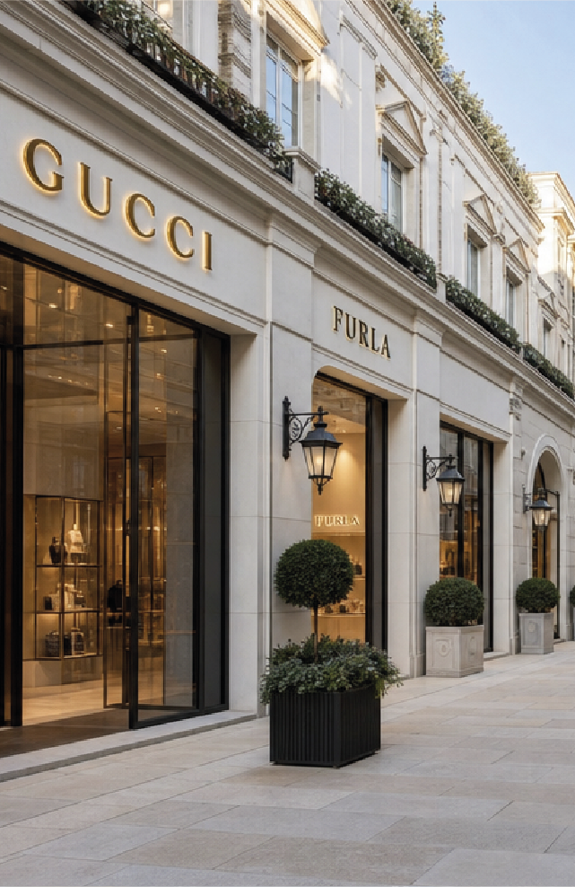 Property & Retail client portfolio — advising leading international brands including Gucci, Lacoste, Moncler and UGG